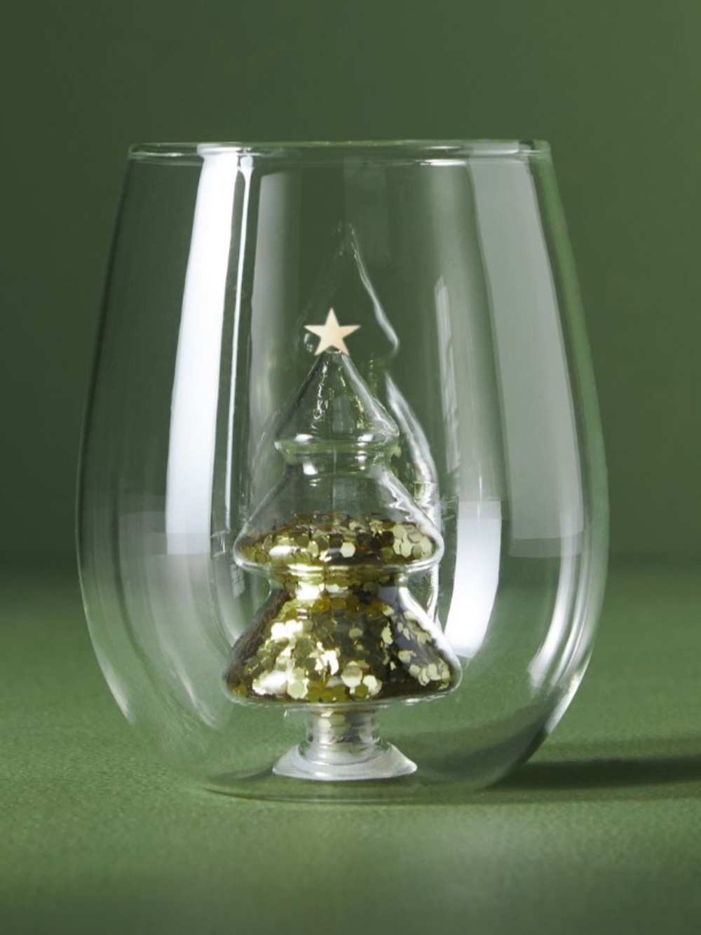Anthropologie Yuletide stemless wine Glass with Gold Glitter Tree Accent